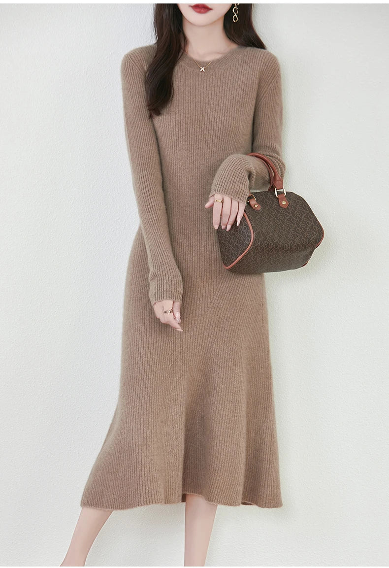 Women's Pure Wool Knitted Long Dress, Round Neck, Fishtail Skirt, Slim, Elegant, Casual, Fashionable, Sweater, 2024Autumn/Winter Badiee Stylez