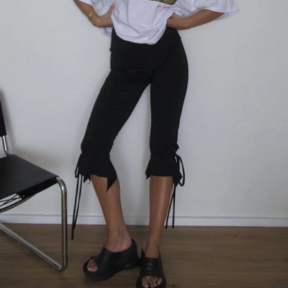 Vintage Tie-up Ruffles Hem Short Pants Y2k Knee Length Capri Trousers Women Folds Low Waist Skinny Pants Fashion High Street Badiee Stylez