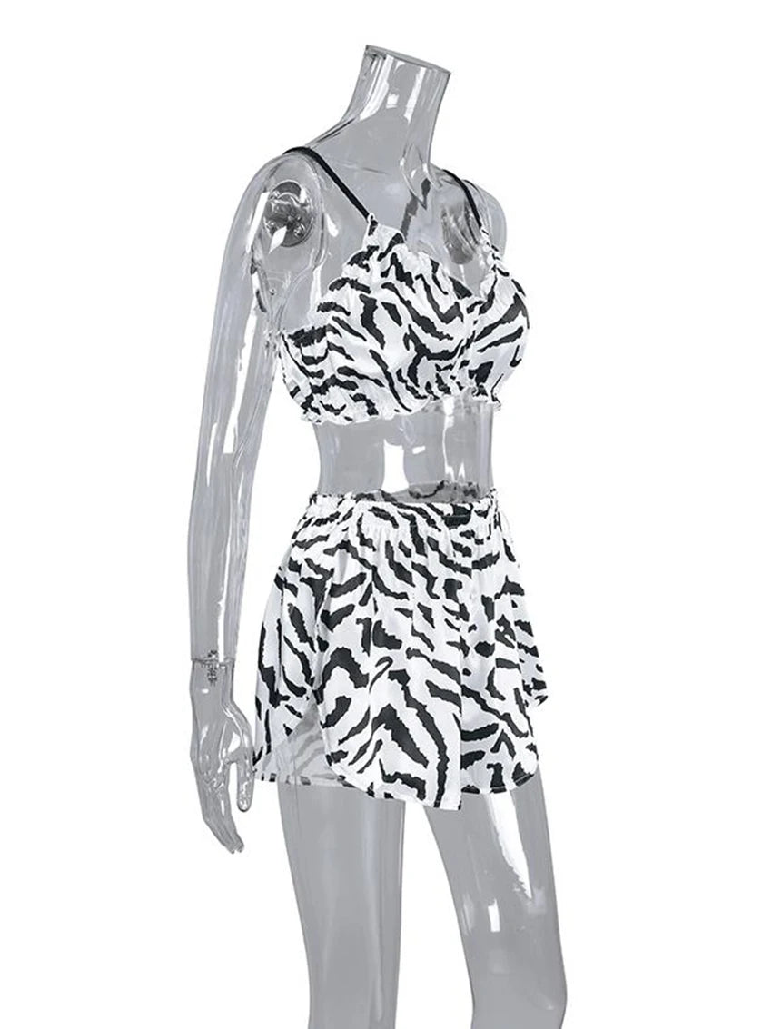 Marthaqiqi Printing Women Sleepwear 2 Piece Set Tank Tops Pajamas Crop Top Spaghetti Strap Nightgowns Shorts Casual Nightie Suit