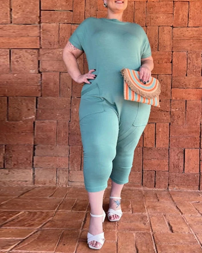 Round neck short sleeved pocket design jumpsuit for women, fashionable and casual casual loose cropped pants for women Badiee Stylez