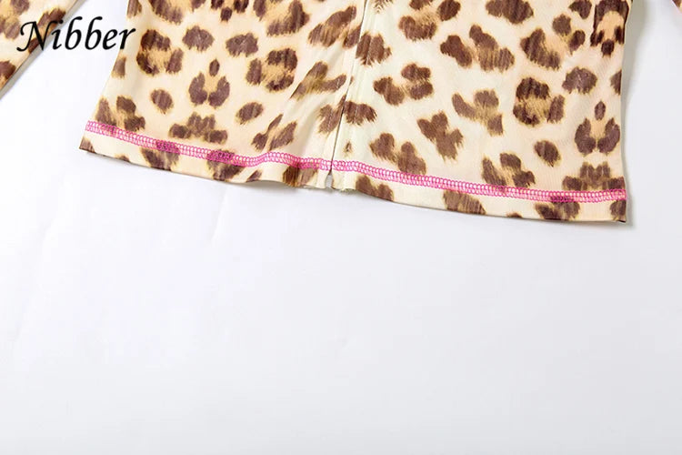 Nibber Leopard Print 2 Piece Set Women's Autumn Tracksuit Athleisure Hooded Crop Jacket + Flared Pants Stretch Matching Suit