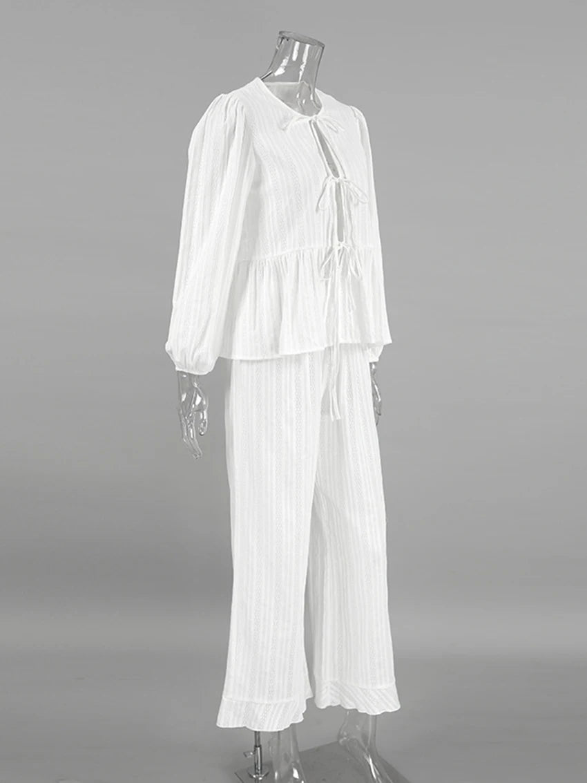 Marthaqiqi Winter Women Pajamas Suit Lace Up Sleepwear Long Sleeve Nightgowns O-Neck Nightwear Pants Casual Ladies Home Clothes