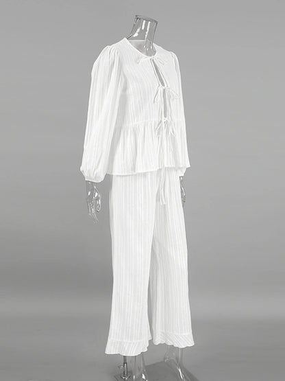 Marthaqiqi Winter Women Pajamas Suit Lace Up Sleepwear Long Sleeve Nightgowns O-Neck Nightwear Pants Casual Ladies Home Clothes