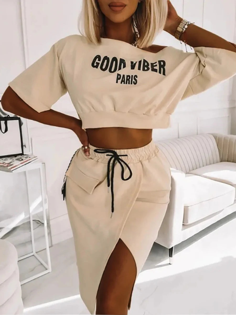 LW Plus Size Two Piece Good Viber One Shoulder Letter Print Set Crop Top+High Split Skirt Elegant Matching Outfits For Women Khaki