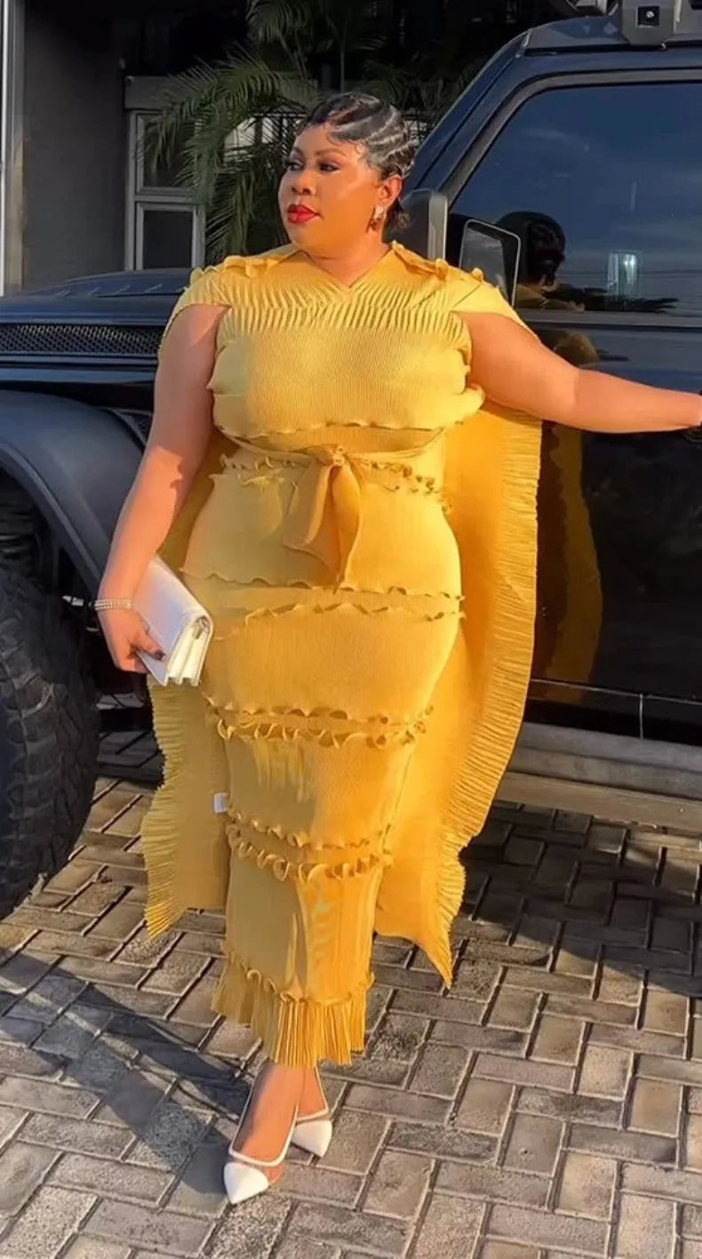 EGRM Miyake Solid Pleated French Three-dimensional Fungus Edge Cake Dress Women's Loose Long Dresses 2025 Summer New 6R8109