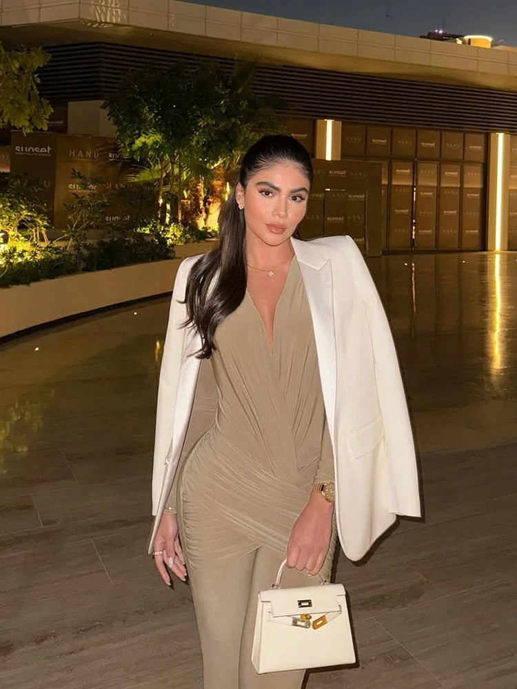 InGrily Simple Smooth Jumpsuit Women Cross v-Neck Long Sleeve Folds Skinny Solid Sexy Hipster Elegant Street Classic Chic Outfit Badiee Stylez