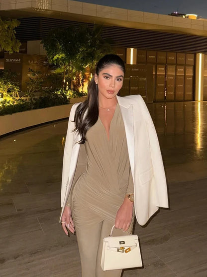 InGrily Simple Smooth Jumpsuit Women Cross v-Neck Long Sleeve Folds Skinny Solid Sexy Hipster Elegant Street Classic Chic Outfit Badiee Stylez