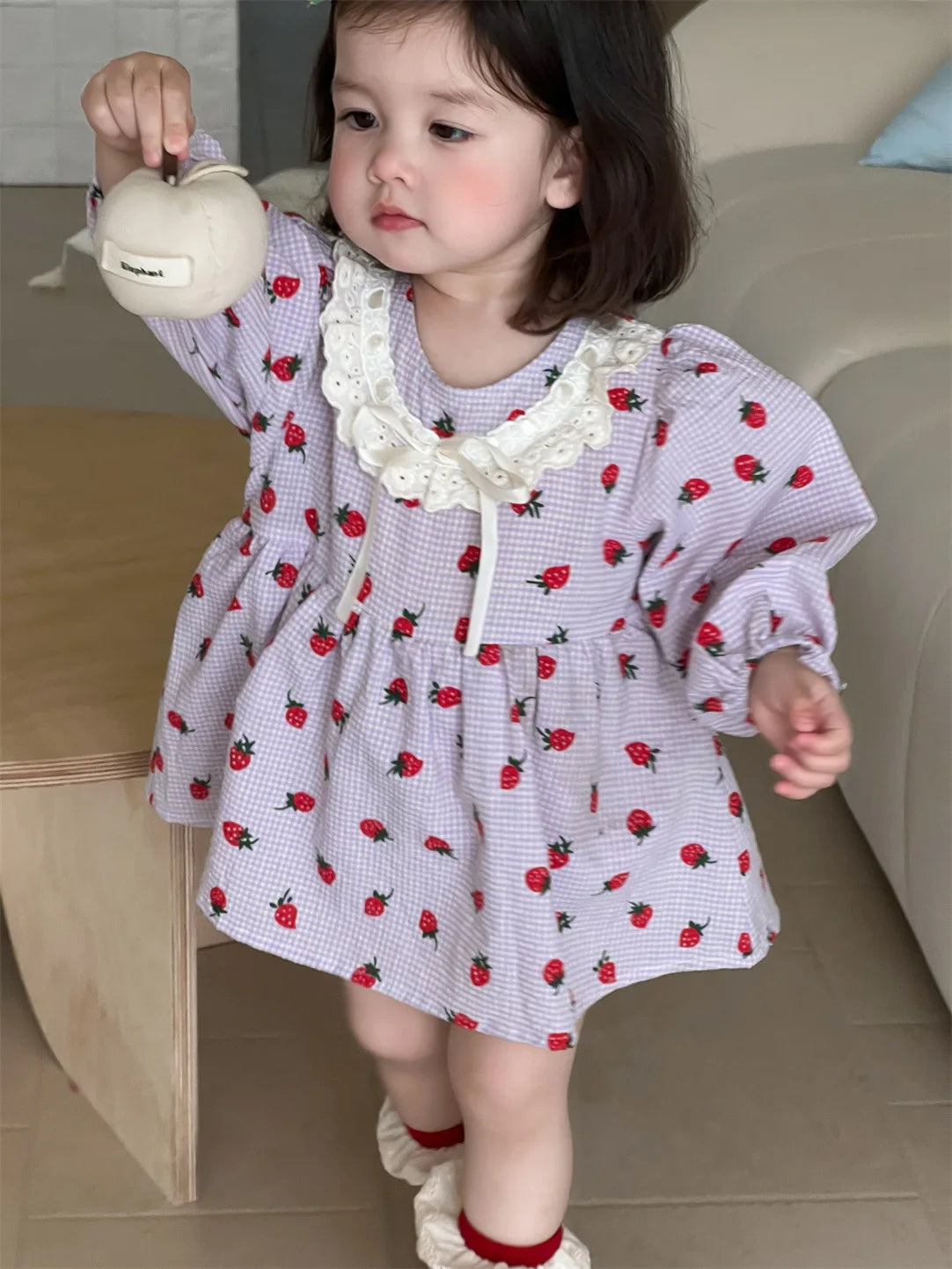 2025 Spring New Baby Girl Long Sleeve Dress Cute Strawberry Print Newborn Toddler Princess Bodysuit Dress Kids Girls Lace Dress dress