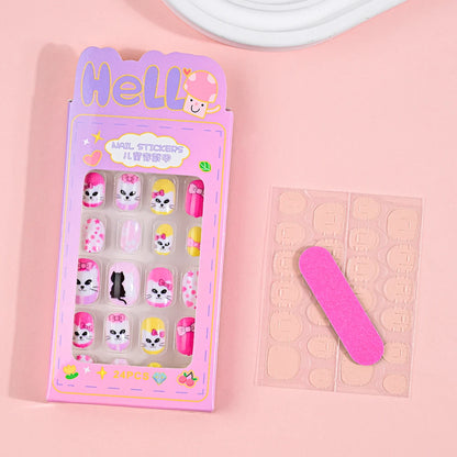 24Pcs Children Cartoon Nail Tips Colorful Cute Rabbit Pink Stars 6-14 Years old Girl Fake Nail With Jelly Glue Kids False Nail TC0008-2