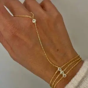 14K Gold Plated Titanium Fashion Bracelet for Women Dainty Triple Hand Chain Finger Bracelet with Zircon Crystal, Gifts for Girl 3layer Gold 17cm