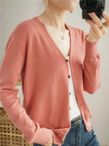 100% Cotton Line Long Sleeve V-Neck Knitted Cardigan Women Loose Short Solid Color Simple Sun Protection SMY K61