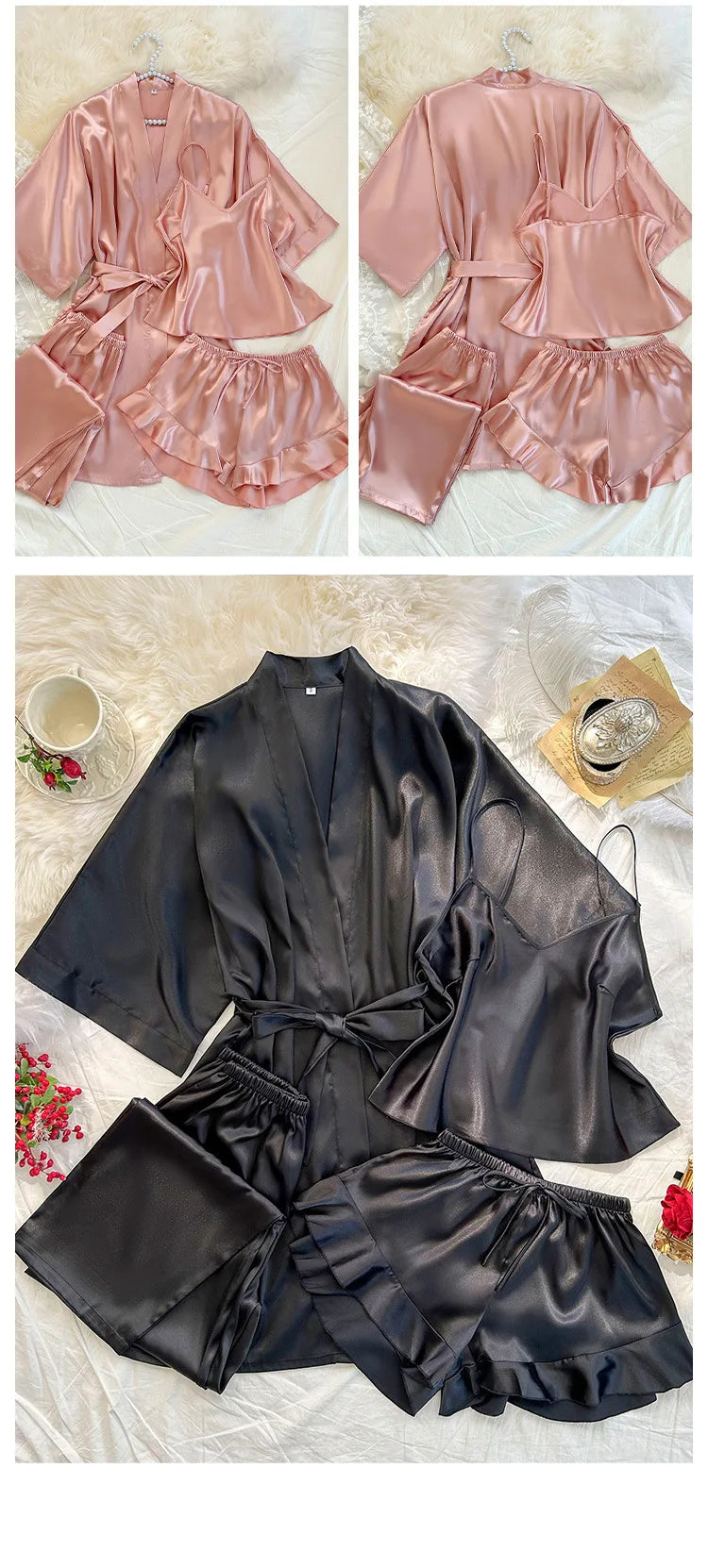 Spring Summer New Women Pajama Four Piece Suit Sleepwear Silky Satin Kimono Bathrobe Trouser Suits Loose Home Clothes Loungewear