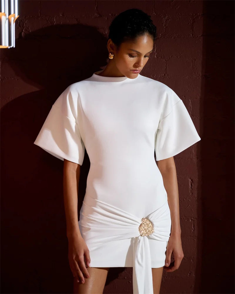 Mozision Fashion Short Sleeve Ruched Sexy Mini Dress Women Elegant Metal Decoration Solid O Neck High Waist Club Dresses New