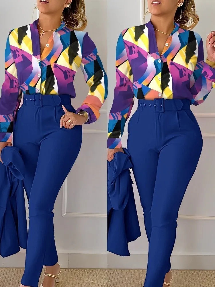 Autumn Winter Stand Neck Floral Print Long Sleeve Shirt Pants Two Piece Sets Elegant Women Casual Shirt Trousers Suits With Belt DEEP BLUE CHINA