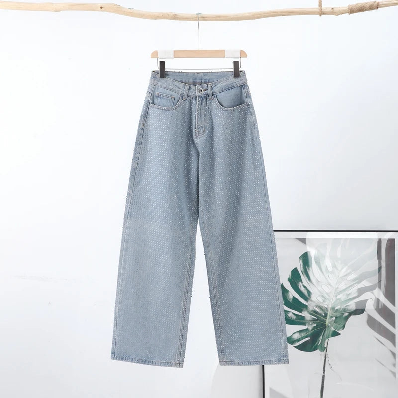 Y2k Women Shiny Rhinestone Denim Pants Wide Leg Straight Full Diamond Jeans for Female Dragging High Street Outwear Trousers