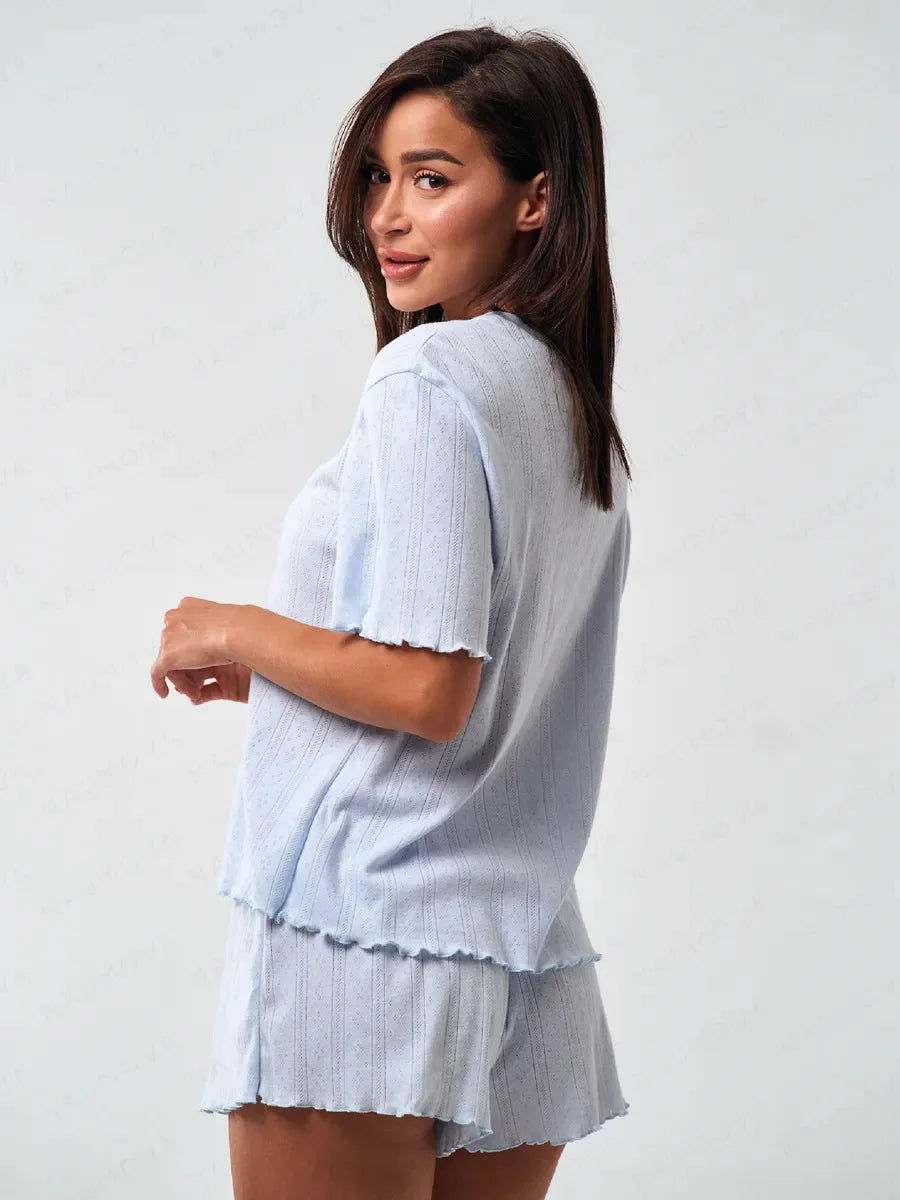 SURI Women's Pajamas Set Summer Short Sleepwear 2 Piece Set For Women Casual Home Round Neck Suit Breathable Knitted Fabric