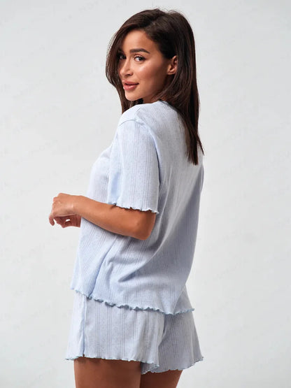 SURI Women's Pajamas Set Summer Short Sleepwear 2 Piece Set For Women Casual Home Round Neck Suit Breathable Knitted Fabric