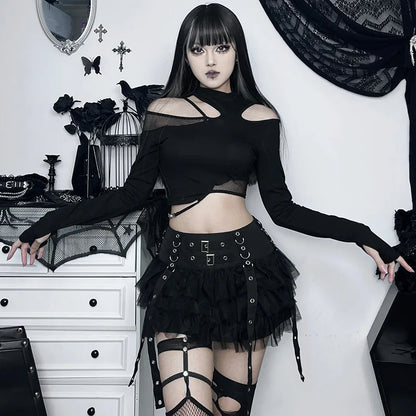 Y2K Street Dark Devil Cloth Strip Pleated Skirt Metallic Buckling Lace Layer Cake Short Skirt Women‘s High-end Design Sex Skirt