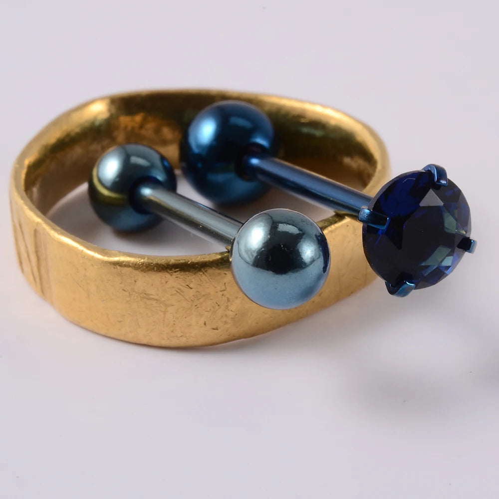 2PCS Anti-Allergy Surgical Steel Prong Zircon Tongue Barbell Piercings Ball Tongue Barbell Rings Fashion Piercing Jewelry 2PCS Blue