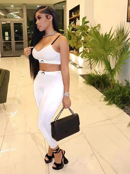 STYLISH LADY Letter Printed Workout 2 Piece Set Women Spaghetti Strap Crop Top and Skinny Pant Suits 2025 Summer Sports Outfits