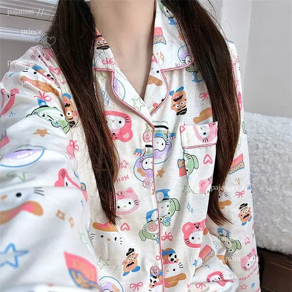 Kawaii Sanrios Hello Kittys Women's Pajamas Set Spring Autumn Anime Cartoon Students Polyester Long Sleeved Girls Nightwear Gift C
