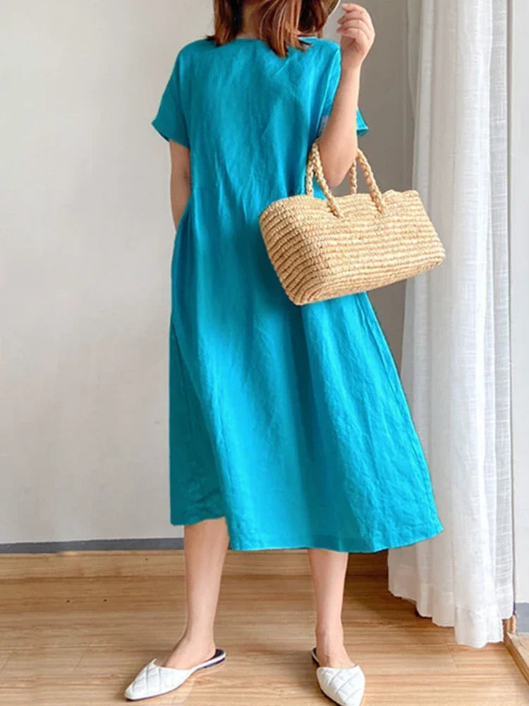 New in Spring Summer Women's Dress Elegant Casual Loose Short Sleeve Tops A-LINE Oversize Solid Midi Dresses for Women Clothing Badiee Stylez