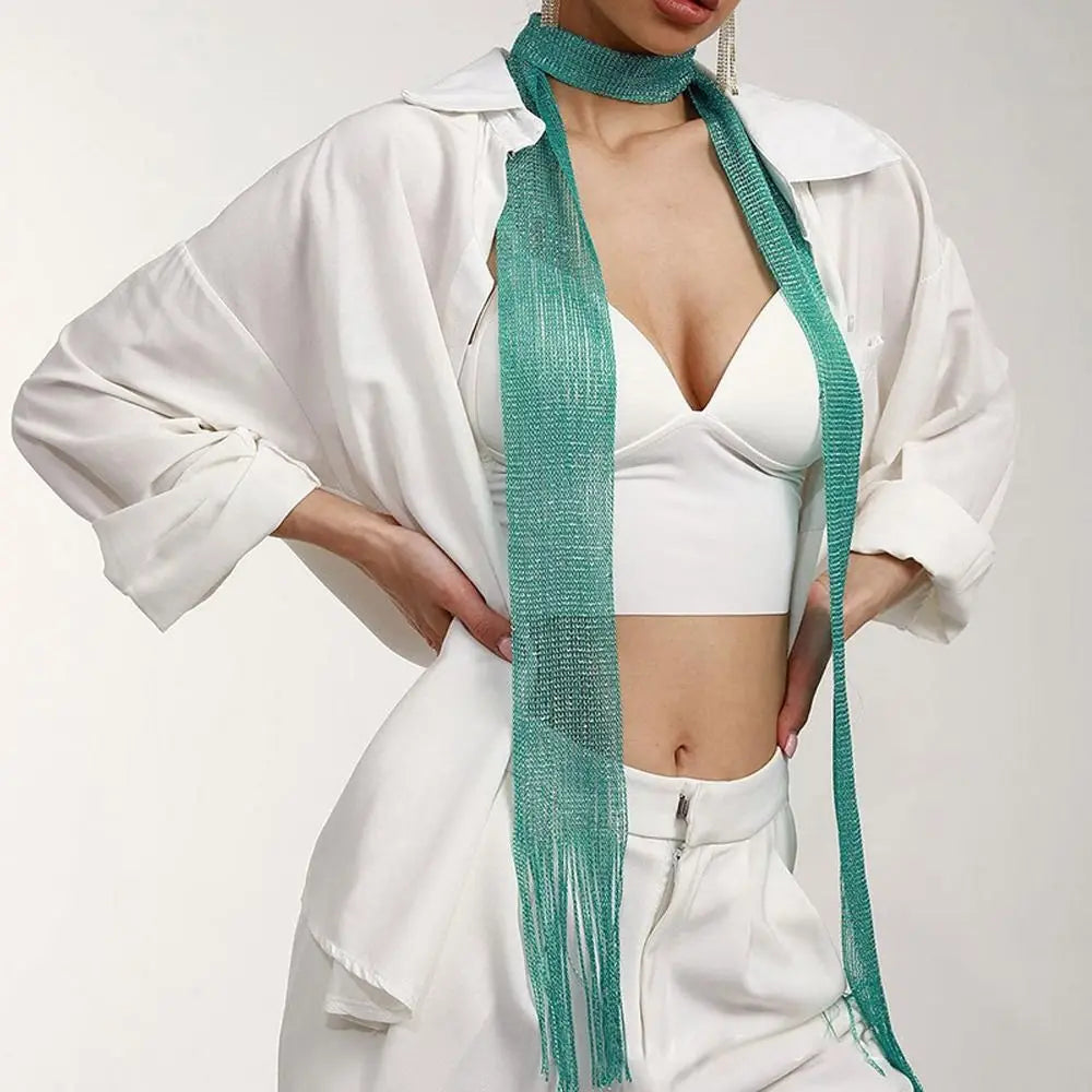 Fashion Lace Tassel Scarf Thin Long Glitter Bright Silk Sunscreen Shawl Shiny Lace Necklace For Women Party Evening Dress Scarf Green