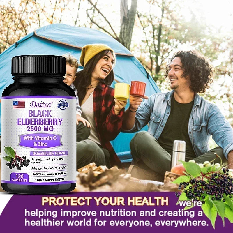 Black Elderberry 2800 Mg - with Vitamin C and Zinc, Immune System Support, Antioxidant Supplement, Skin Health Benefits