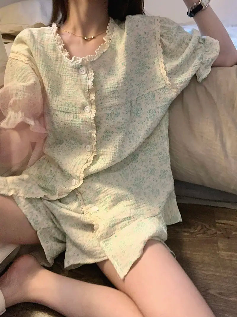 Ruffles Women Pajamas Sets for Home Summer Floral Sleepwear Shorts Sleeve Lace 2 Pieces Button Night Wears Korean Home Suit 2024
