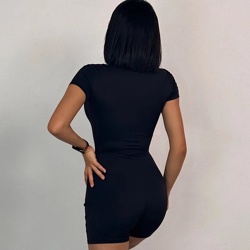 Womens Yoga Jumpsuits Short Sleeve Thin Slim Fit Stretch One Piece Playsuits Romper Sexy Fitness Female Basic Zipper Sportwears