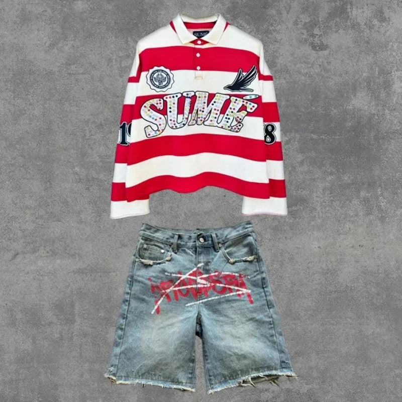 Couple summer washing fashion rhinestone striped two-piece set of denim shorts original color casual printing five-point pants