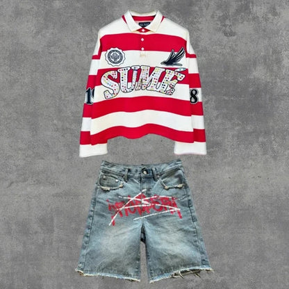 Couple summer washing fashion rhinestone striped two-piece set of denim shorts original color casual printing five-point pants