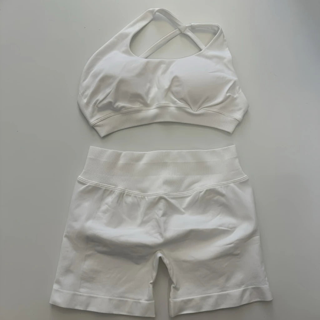 No Logo Yoga Asymmetric Gym Set Women Seamless Yoga Set Workout Shorts Sets Halter Sports Bra Scrunch Bum Shorts Fitness Clothes Badiee Stylez