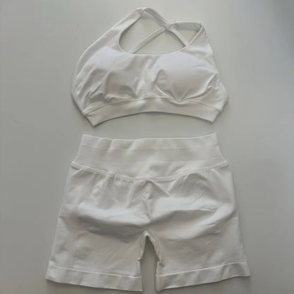 No Logo Yoga Asymmetric Gym Set Women Seamless Yoga Set Workout Shorts Sets Halter Sports Bra Scrunch Bum Shorts Fitness Clothes Badiee Stylez