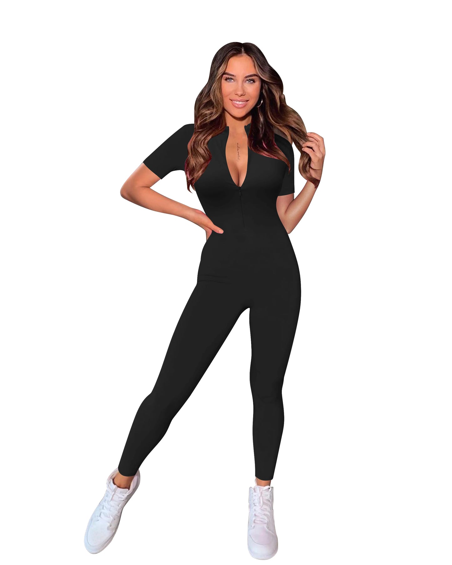 New Autumn and Winter Short Sleeve V Neck Bodycon Jumpsuit Full Lengt Rompers Women Jumpsuits Badiee Stylez