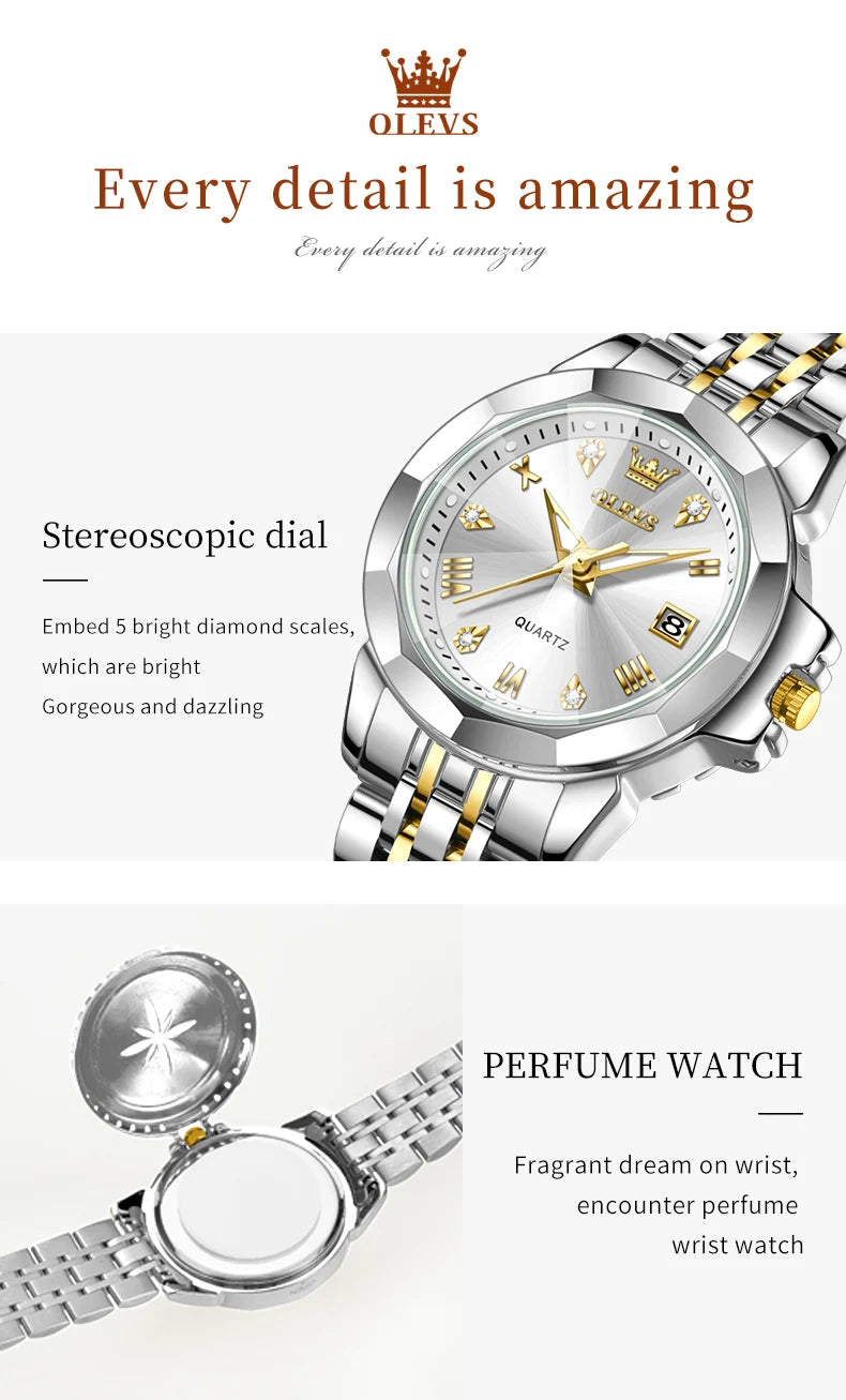 OLEVS 9931X Womens Perfume Watch Rhombic Quartz Watch Stainless Steel Waterproof Ladies Date Watch Gifts Original Elegant New