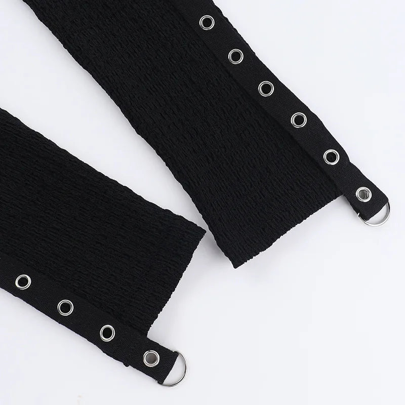 Goth Dark Punk Grunge Fishnet Patchwork Off Shoulder T-shirts Trim Corn Strap Halter Tops Autumn Mall Gothic Streetwear T-shirt