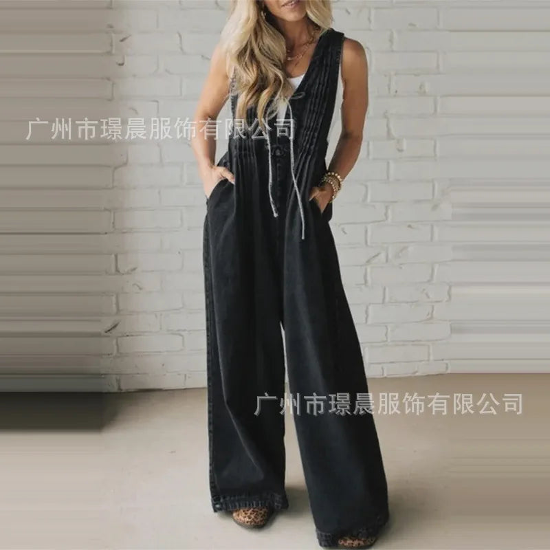 Fashion Casual Jumpsuit Women's 2025 Loose Sleeveless Solid color Pleated Lace-up One Piece Set Romper Pocket Playsuit（no Denim） Badiee Stylez