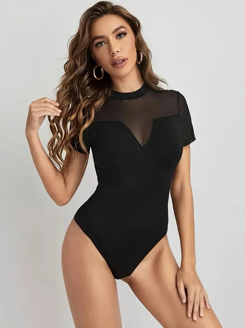 Europe and the United States the latest design of pure color net sand stitching all-match temperament show body Siamese tide gir