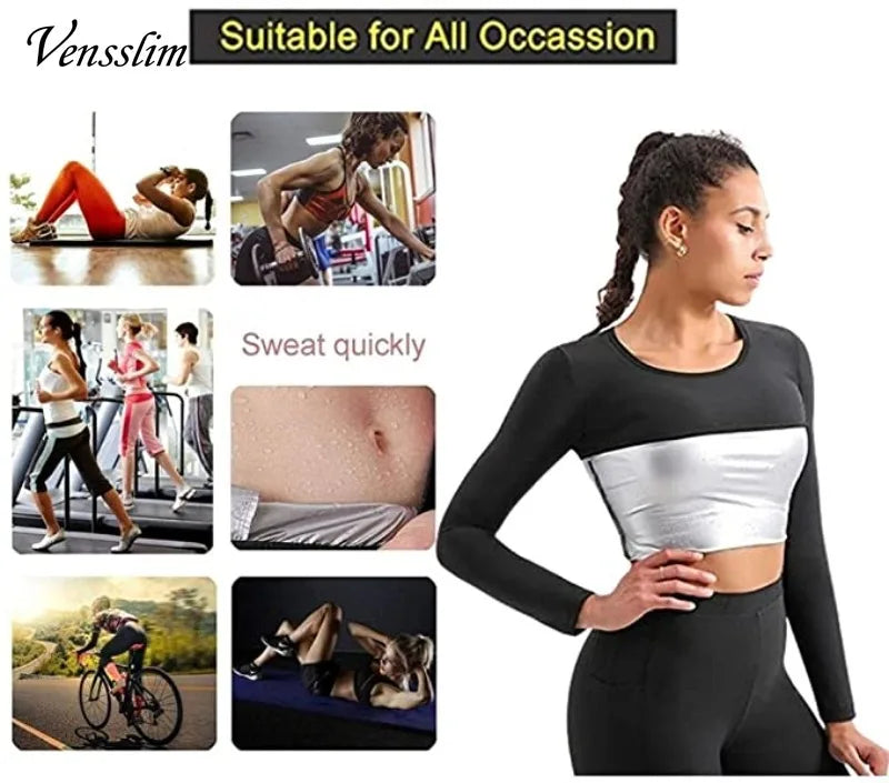 Vensslim Body Shaper Sauna Suits Sweat Slimming Waist Trainer Corset Long Sleeve Fat Burn Shirt Women Workout Tummy Control Tops