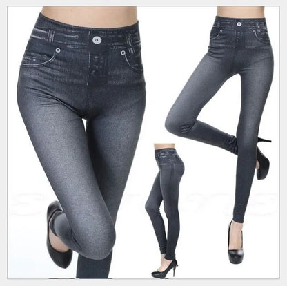 1pcs Women's Denim Print Leggings Females Fashion Slim Leggings Faux Jeans Leggings Lady Stretch Printed Tights Black Blue Pants Black