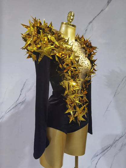 2025 New Shiny Black Rhinestone Velvet Long Sleeve Bodysuit Women Evening Party Club Gala Hosts NightClub Bar Stage Costumes