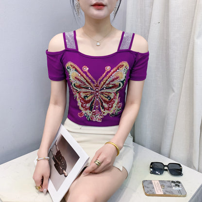 New Arrival Summer European Clothes Women's T-Shirts Chic Luxury Butterfly Hot Diamonds Tees Sexy Girl Slim Streetwear Tops Picture color 9