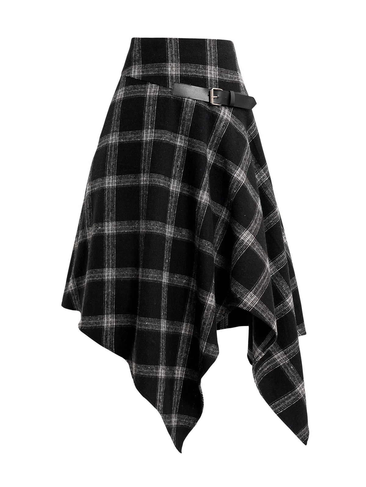 Dressfo Womens Asymmetic Hem Plaid Skirt Buckle Strap Detail Casual Midi A Line Dress Black Skirts 2024 New