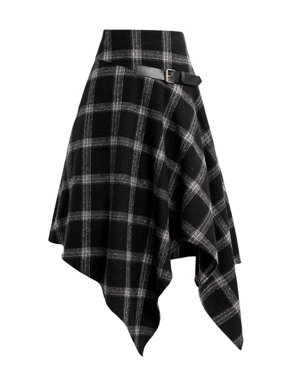 Dressfo Womens Asymmetic Hem Plaid Skirt Buckle Strap Detail Casual Midi A Line Dress Black Skirts 2024 New