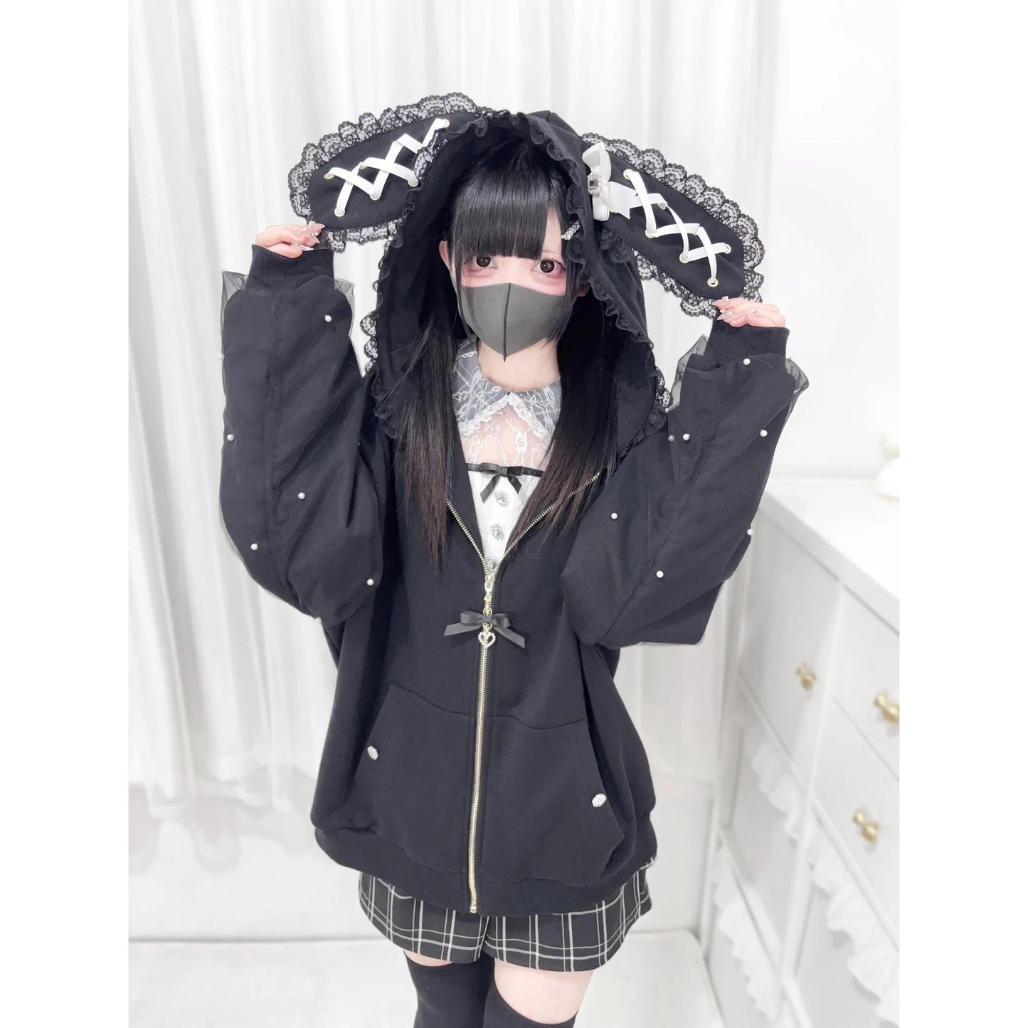 Japanese Sweet Coats Y2K Clothing Hoodie Women Tops Autumn and Winter Color Match Splicing with Thick Velvet Cardigan Jackets 888 Black
