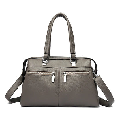 Two Pockets Genuine Brand High Quality Leather Casual Tote Luxury Handbags Women Bags Designer Shoulder Hand Bags for Women Sac Gray
