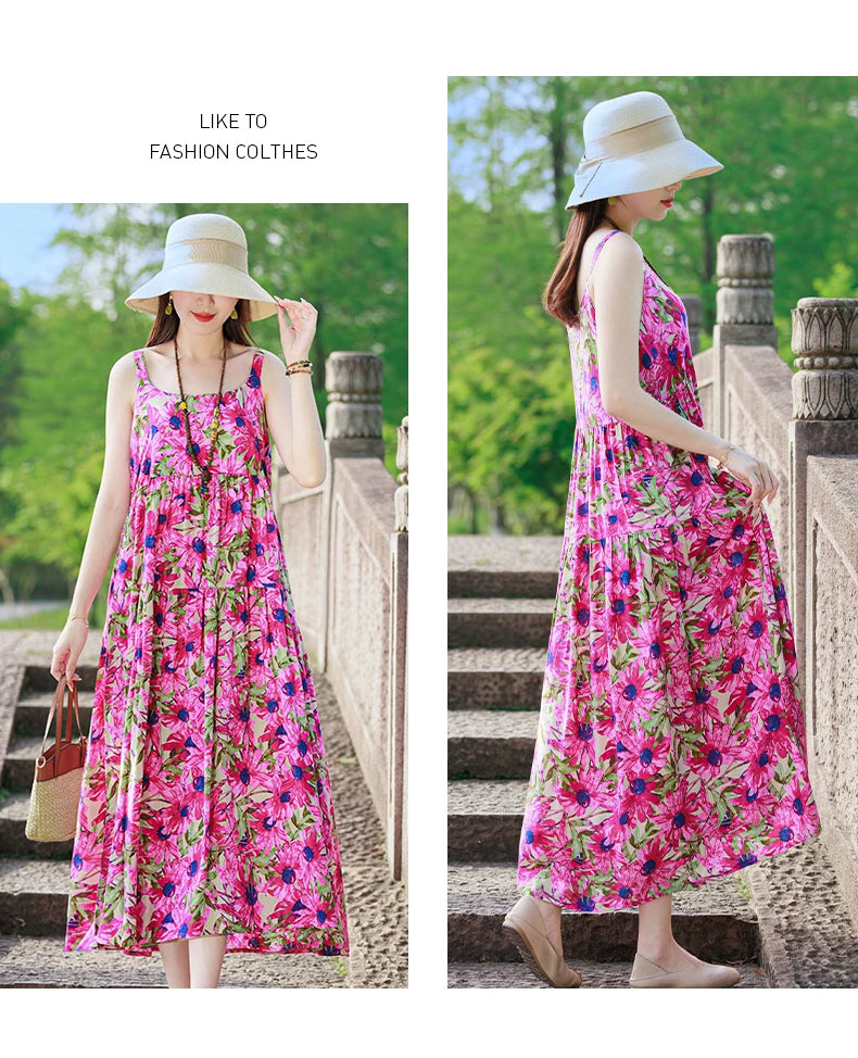 New Fashion Casual 2025 Summer Elegant Dresses For Women O-Neck Print Vintage Sleeveless Dress Loose Women Clothing