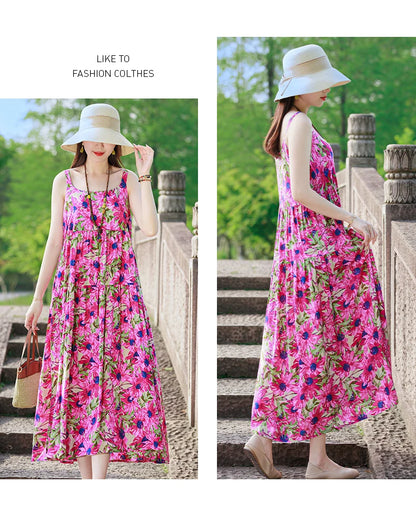 New Fashion Casual 2025 Summer Elegant Dresses For Women O-Neck Print Vintage Sleeveless Dress Loose Women Clothing