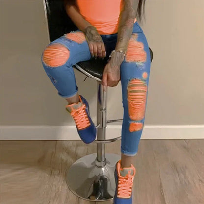 2025 New Ripped Jeans For Women Yellow Scratch Denim Pencil Pants High Waisted Stretch Skinny Hollow Out Sexy Female Mujer